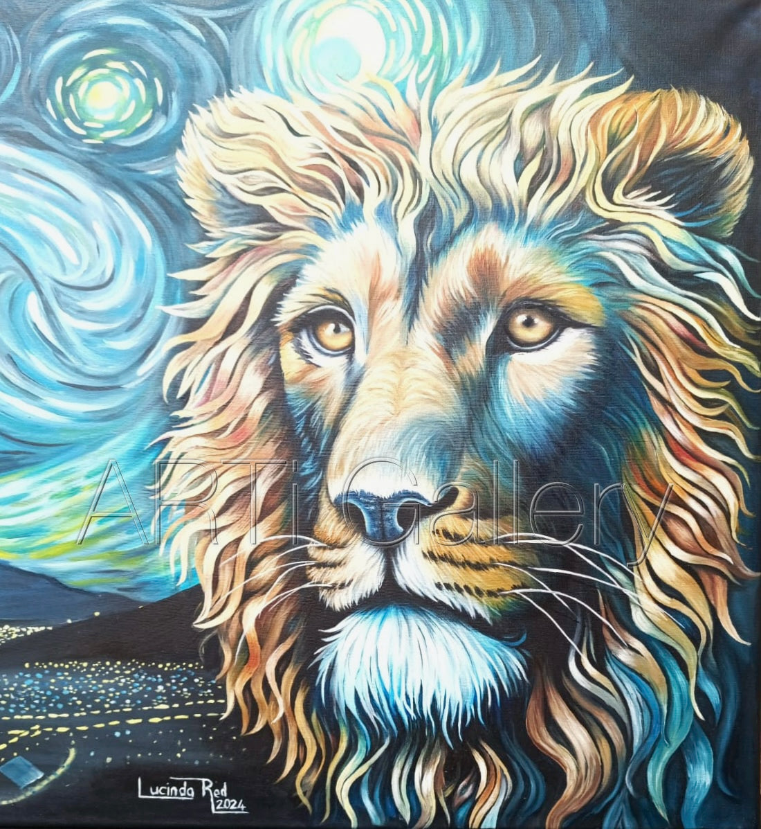 Original South African Art: Lucinda Redelinghuys - A Starry Lion's Head Night